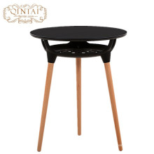 Gros Chine Alibaba meubles rond en MDF en plastique avec panier de rangement en bois à manger café snack table de jardin en plein air